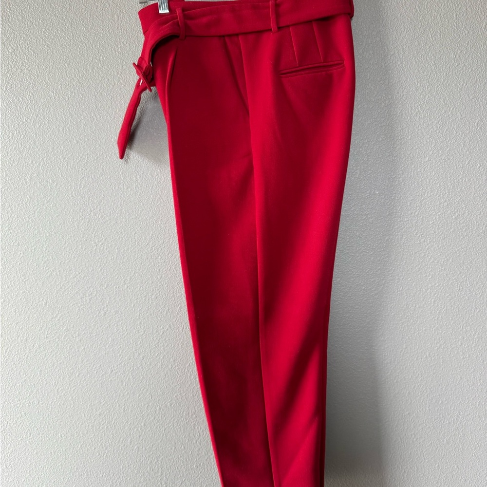 Ann Taylor Red High-Waisted Trousers with Cloth Belt Ankle Length - Picture 2 of 9